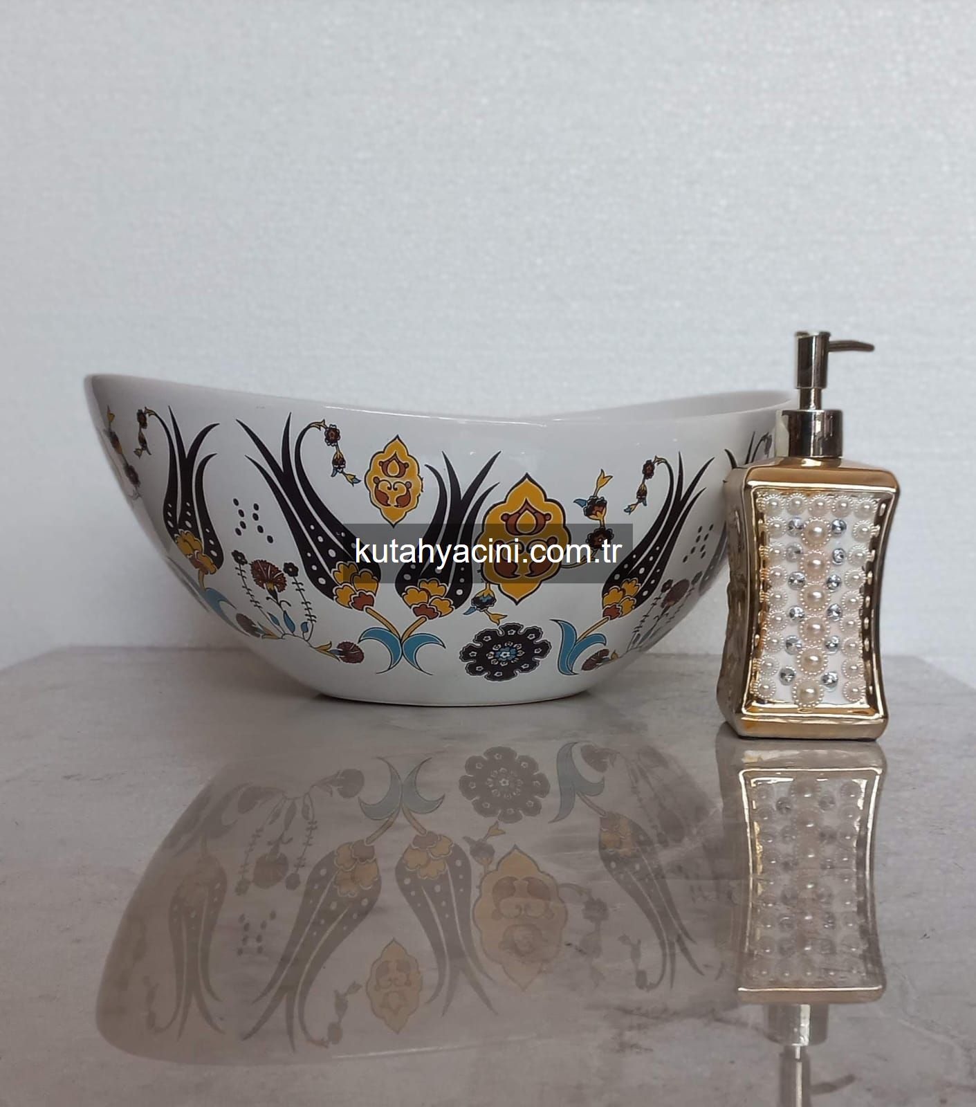 Porselen El Dekor Çinili Lavabo 40 x 32 x18 x11 cm-2